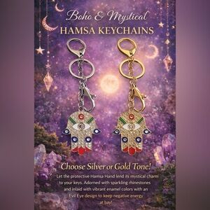 Hamsa Hand Crystal Keychain - Silver or Gold Tone, Red Green Blue Accents